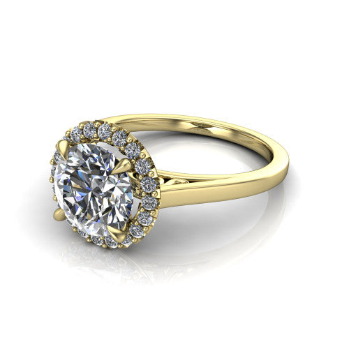 Esmeralda round halo engagement ring in 14K Yellow Gold, three-quarter perspective showing the haloed center above a plain band with a filigree gallery