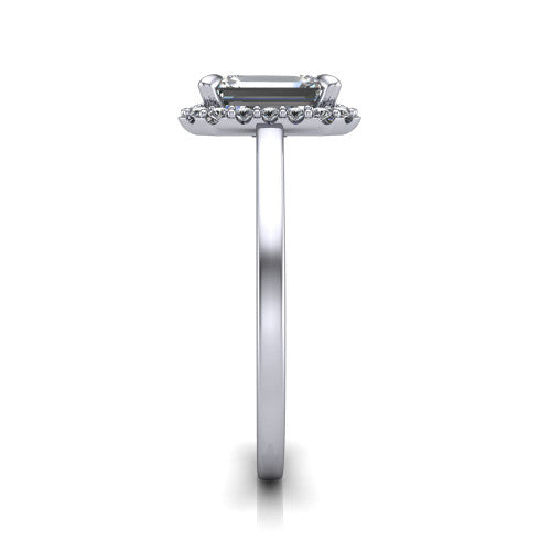 Esmeralda emerald halo engagement ring in 14K White Gold, side profile showing the plain polished band and the filigree gallery in profile