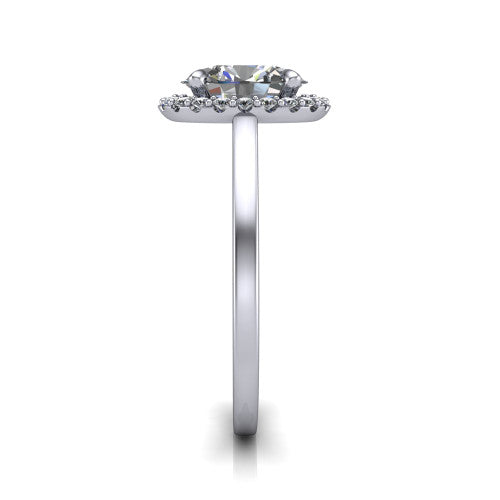 Esmeralda oval halo engagement ring in 14K White Gold, side profile showing the plain polished band and the filigree gallery in profile