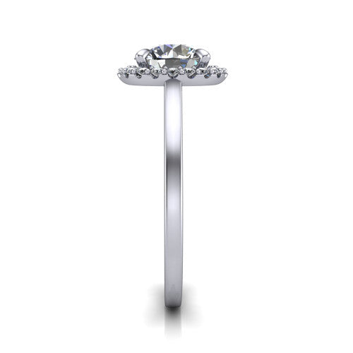 Esmeralda round halo engagement ring in 14K White Gold, side profile showing the plain polished band and the filigree gallery in profile