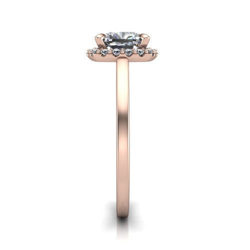Esmeralda cushion halo engagement ring in 14K Rose Gold, side profile showing the plain polished band and the filigree gallery in profile