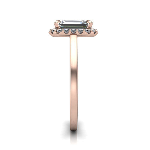 Esmeralda emerald halo engagement ring in 18K Rose Gold, side profile showing the plain polished band and the filigree gallery in profile