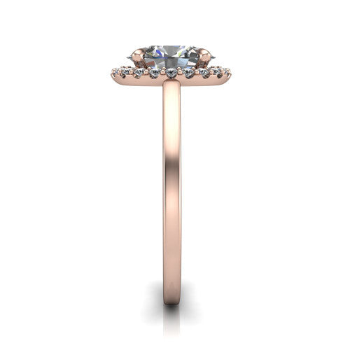 Esmeralda oval halo engagement ring in 18K Rose Gold, side profile showing the plain polished band and the filigree gallery in profile