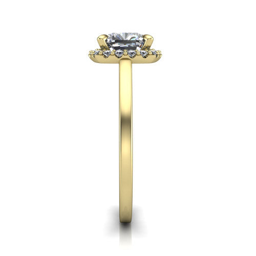 Esmeralda cushion halo engagement ring in 14K Yellow Gold, side profile showing the plain polished band and the filigree gallery in profile