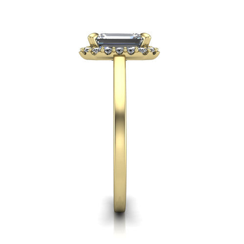 Esmeralda emerald halo engagement ring in 18K Yellow Gold, side profile showing the plain polished band and the filigree gallery in profile