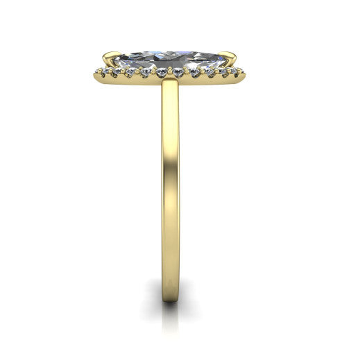 Esmeralda marquise halo engagement ring in 14K Yellow Gold, side profile showing the plain polished band and the filigree gallery in profile