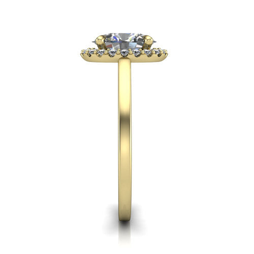 Esmeralda oval halo engagement ring in 14K Yellow Gold, side profile showing the plain polished band and the filigree gallery in profile
