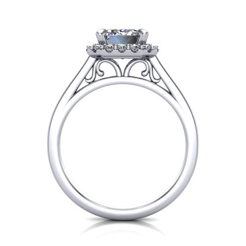 Esmeralda emerald halo engagement ring in 18K White Gold, through-finger front profile showing the scrollwork filigree under-gallery beneath the halo head