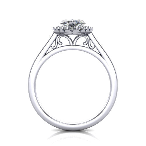 Esmeralda marquise halo engagement ring in 18K White Gold, through-finger front profile showing the scrollwork filigree under-gallery beneath the halo head