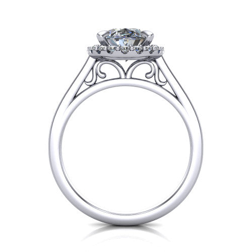 Esmeralda oval halo engagement ring in 14K White Gold, through-finger front profile showing the scrollwork filigree under-gallery beneath the halo head