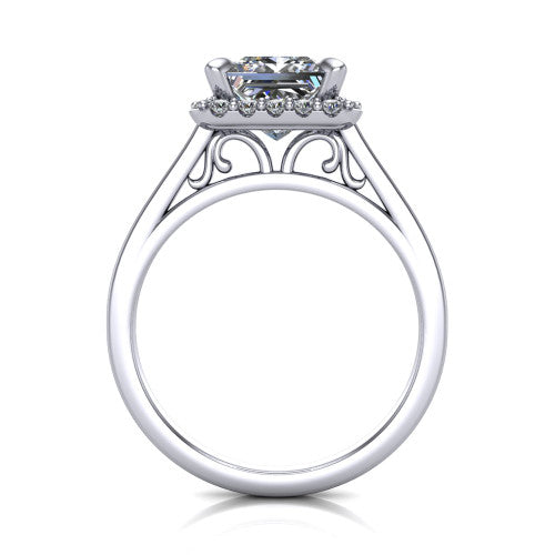 Esmeralda princess halo engagement ring in 18K White Gold, through-finger front profile showing the scrollwork filigree under-gallery beneath the halo head