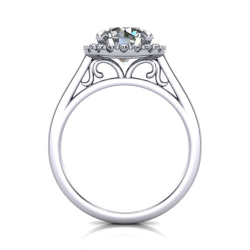 Esmeralda round halo engagement ring in 14K White Gold, through-finger front profile showing the scrollwork filigree under-gallery beneath the halo head