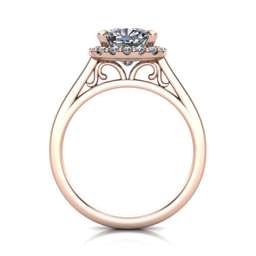 Esmeralda cushion halo engagement ring in 14K Rose Gold, through-finger front profile showing the scrollwork filigree under-gallery beneath the halo head