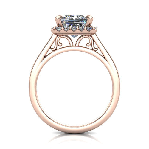Esmeralda princess halo engagement ring in 14K Rose Gold, through-finger front profile showing the scrollwork filigree under-gallery beneath the halo head