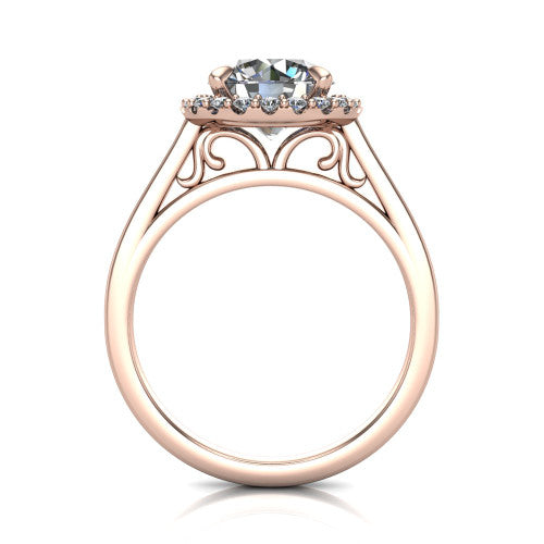 Esmeralda round halo engagement ring in 14K Rose Gold, through-finger front profile showing the scrollwork filigree under-gallery beneath the halo head