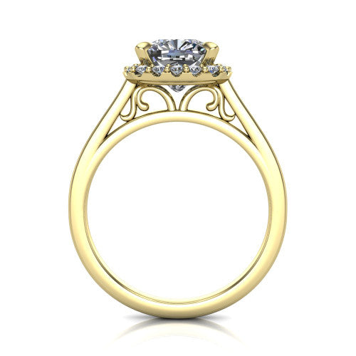 Esmeralda cushion halo engagement ring in 14K Yellow Gold, through-finger front profile showing the scrollwork filigree under-gallery beneath the halo head