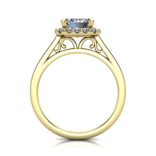 Esmeralda emerald halo engagement ring in 18K Yellow Gold, through-finger front profile showing the scrollwork filigree under-gallery beneath the halo head