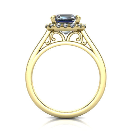 Esmeralda square emerald halo engagement ring in 18K Yellow Gold, through-finger front profile showing the scrollwork filigree under-gallery beneath the halo head