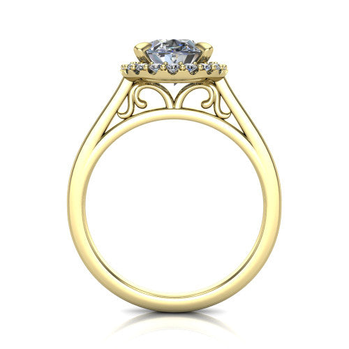 Esmeralda oval halo engagement ring in 18K Yellow Gold, through-finger front profile showing the scrollwork filigree under-gallery beneath the halo head
