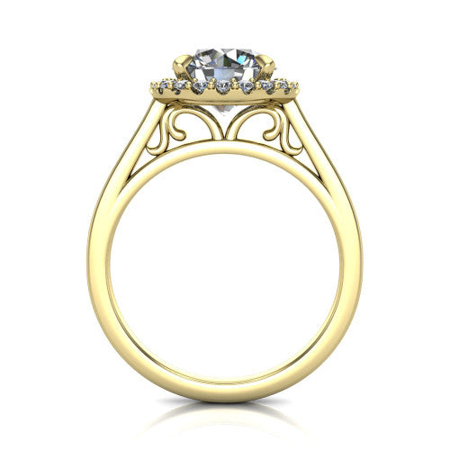 Esmeralda round halo engagement ring in 14K Yellow Gold, through-finger front profile showing the scrollwork filigree under-gallery beneath the halo head