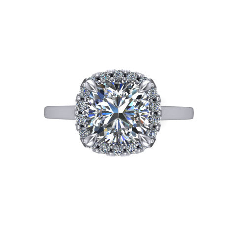 Esmeralda cushion halo engagement ring in 14K White Gold, top-down view showing the center framed by a cushion pave halo with compass prongs