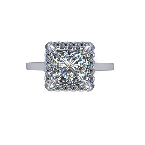 Esmeralda princess halo engagement ring in 14K White Gold, top-down view showing the center framed by a square pave halo with compass prongs