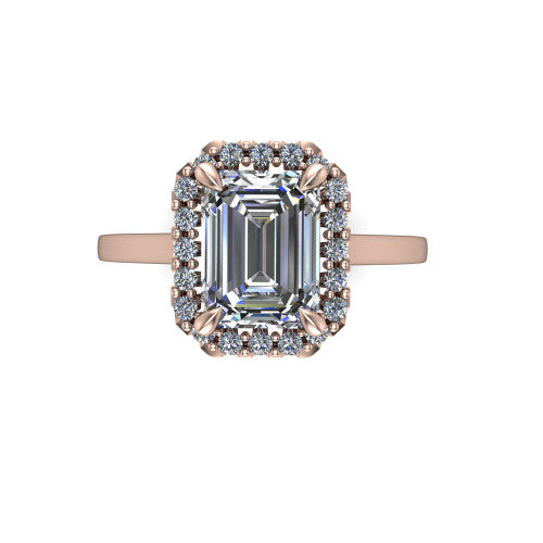 Esmeralda emerald halo engagement ring in 14K Rose Gold, top-down view showing the center framed by a emerald pave halo with compass prongs