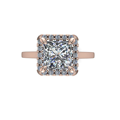 Esmeralda princess halo engagement ring in 14K Rose Gold, top-down view showing the center framed by a square pave halo with compass prongs