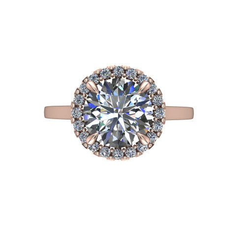 Esmeralda round halo engagement ring in 14K Rose Gold, top-down view showing the center framed by a round pave halo with compass prongs