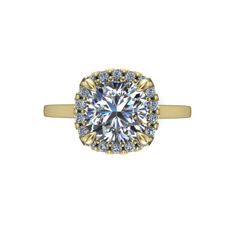 Esmeralda cushion halo engagement ring in 14K Yellow Gold, top-down view showing the center framed by a cushion pave halo with compass prongs