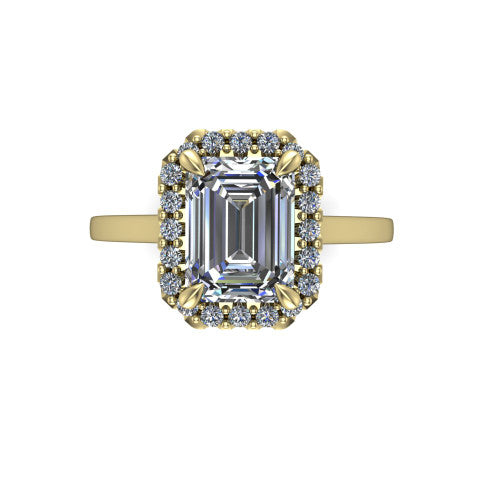 Esmeralda emerald halo engagement ring in 14K Yellow Gold, top-down view showing the center framed by a emerald pave halo with compass prongs