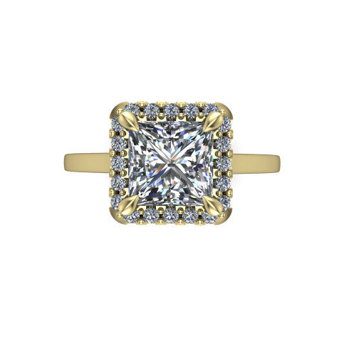 Esmeralda princess halo engagement ring in 14K Yellow Gold, top-down view showing the center framed by a square pave halo with compass prongs
