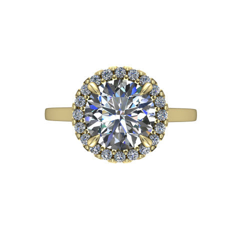 Esmeralda round halo engagement ring in 14K Yellow Gold, top-down view showing the center framed by a round pave halo with compass prongs