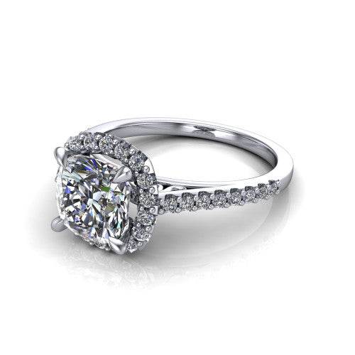 Birdie cushion halo engagement ring in 18K White Gold, three-quarter perspective showing the haloed center above a slim pav&eacute; band with a filigree gallery