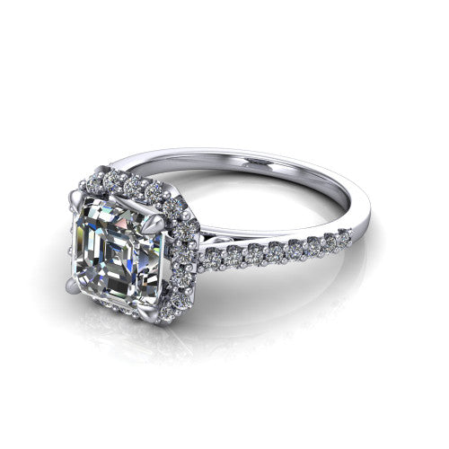 Birdie square emerald halo engagement ring in 14K White Gold, three-quarter perspective showing the haloed center above a slim pav&eacute; band with a filigree gallery