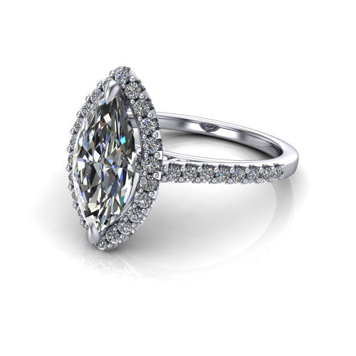 Birdie marquise halo engagement ring in 14K White Gold, three-quarter perspective showing the haloed center above a slim pav&eacute; band with a filigree gallery
