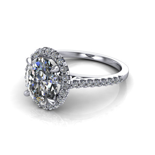Birdie oval halo engagement ring in 18K White Gold, three-quarter perspective showing the haloed center above a slim pav&eacute; band with a filigree gallery