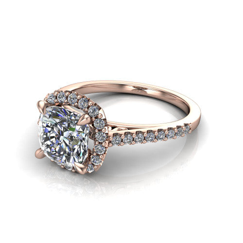 Birdie cushion halo engagement ring in 14K Rose Gold, three-quarter perspective showing the haloed center above a slim pav&eacute; band with a filigree gallery