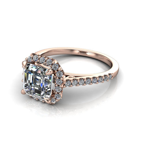 Birdie square emerald halo engagement ring in 14K Rose Gold, three-quarter perspective showing the haloed center above a slim pav&eacute; band with a filigree gallery