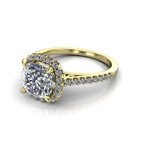 Birdie cushion halo engagement ring in 14K Yellow Gold, three-quarter perspective showing the haloed center above a slim pav&eacute; band with a filigree gallery