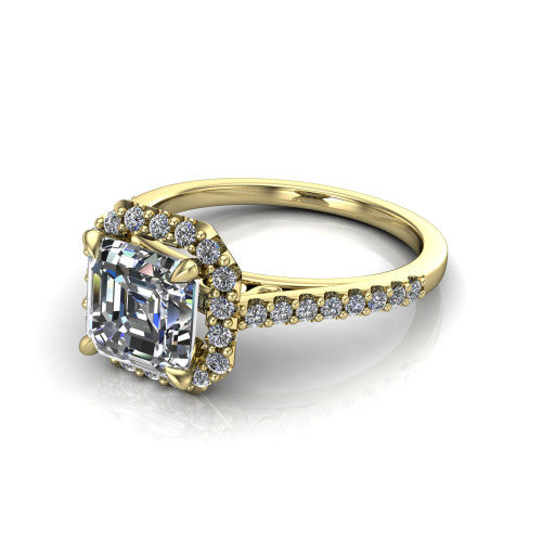 Birdie square emerald halo engagement ring in 18K Yellow Gold, three-quarter perspective showing the haloed center above a slim pav&eacute; band with a filigree gallery