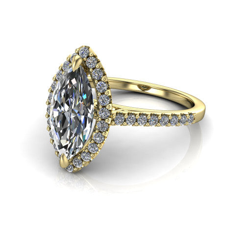Birdie marquise halo engagement ring in 14K Yellow Gold, three-quarter perspective showing the haloed center above a slim pav&eacute; band with a filigree gallery
