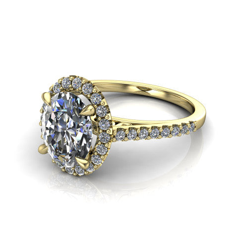 Birdie oval halo engagement ring in 14K Yellow Gold, three-quarter perspective showing the haloed center above a slim pav&eacute; band with a filigree gallery