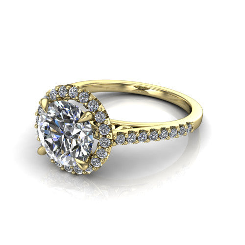 Birdie round halo engagement ring in 18K Yellow Gold, three-quarter perspective showing the haloed center above a slim pav&eacute; band with a filigree gallery
