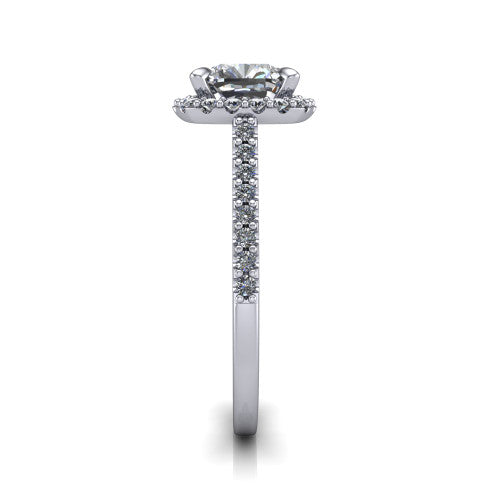 Birdie cushion halo engagement ring in 14K White Gold, side profile showing the pav&eacute; band and the filigree gallery in profile