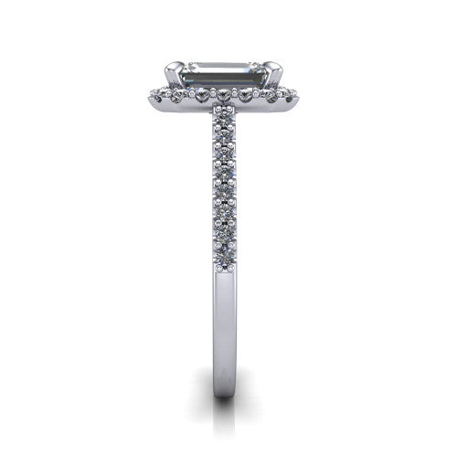 Birdie emerald halo engagement ring in 18K White Gold, side profile showing the pav&eacute; band and the filigree gallery in profile