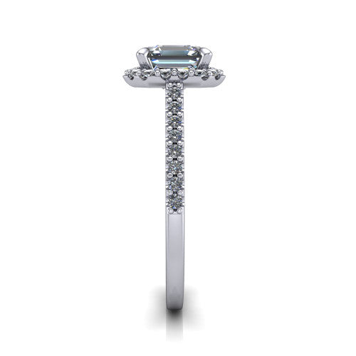Birdie square emerald halo engagement ring in 18K White Gold, side profile showing the pav&eacute; band and the filigree gallery in profile