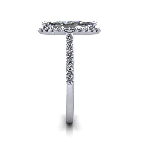Birdie marquise halo engagement ring in Platinum, side profile showing the pav&eacute; band and the filigree gallery in profile