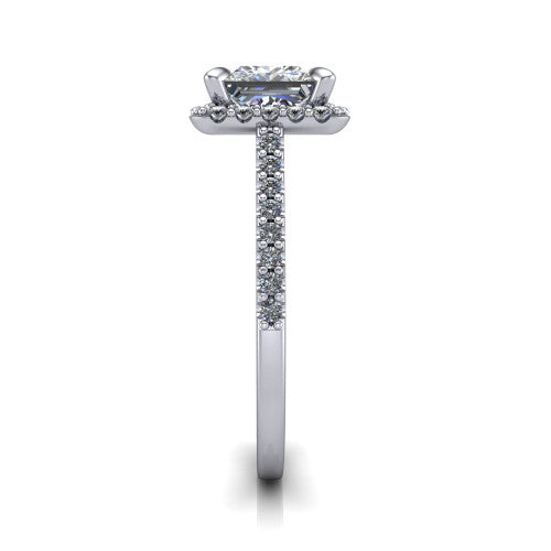 Birdie princess halo engagement ring in Platinum, side profile showing the pav&eacute; band and the filigree gallery in profile