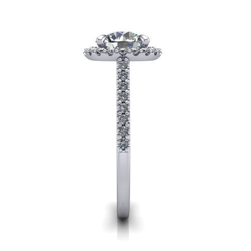 Birdie round halo engagement ring in 18K White Gold, side profile showing the pav&eacute; band and the filigree gallery in profile